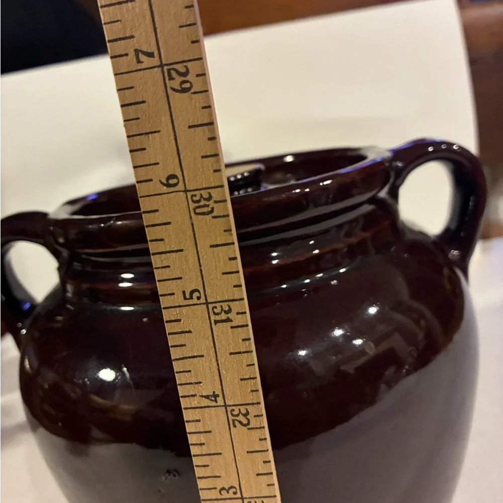 USA Pottery VTG Brown Glaze Bean Pot W/ Lid  Ceramic Soup Tureen Loop Handles